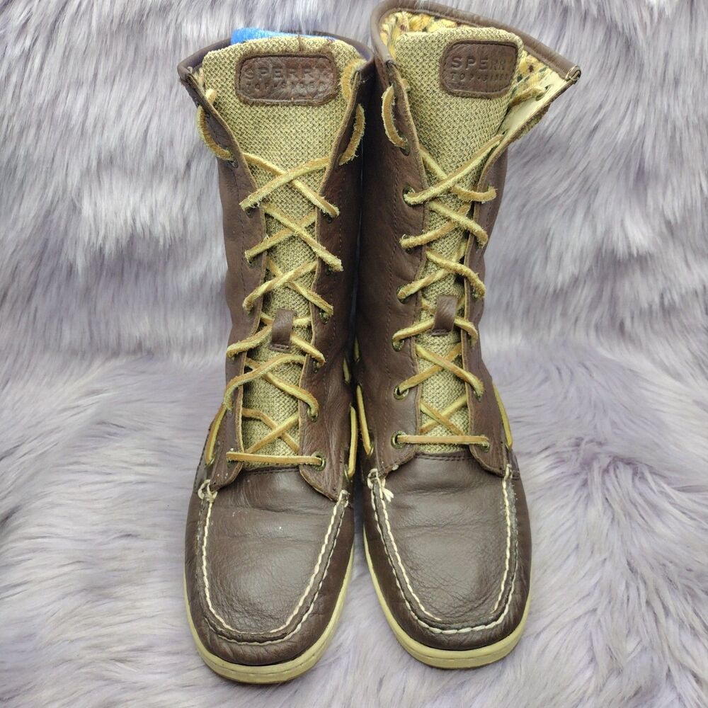 Sperry Fold Over Boat Boots Women’s Sz 7.5 Brown Top Sider Plaid Preppy Leather